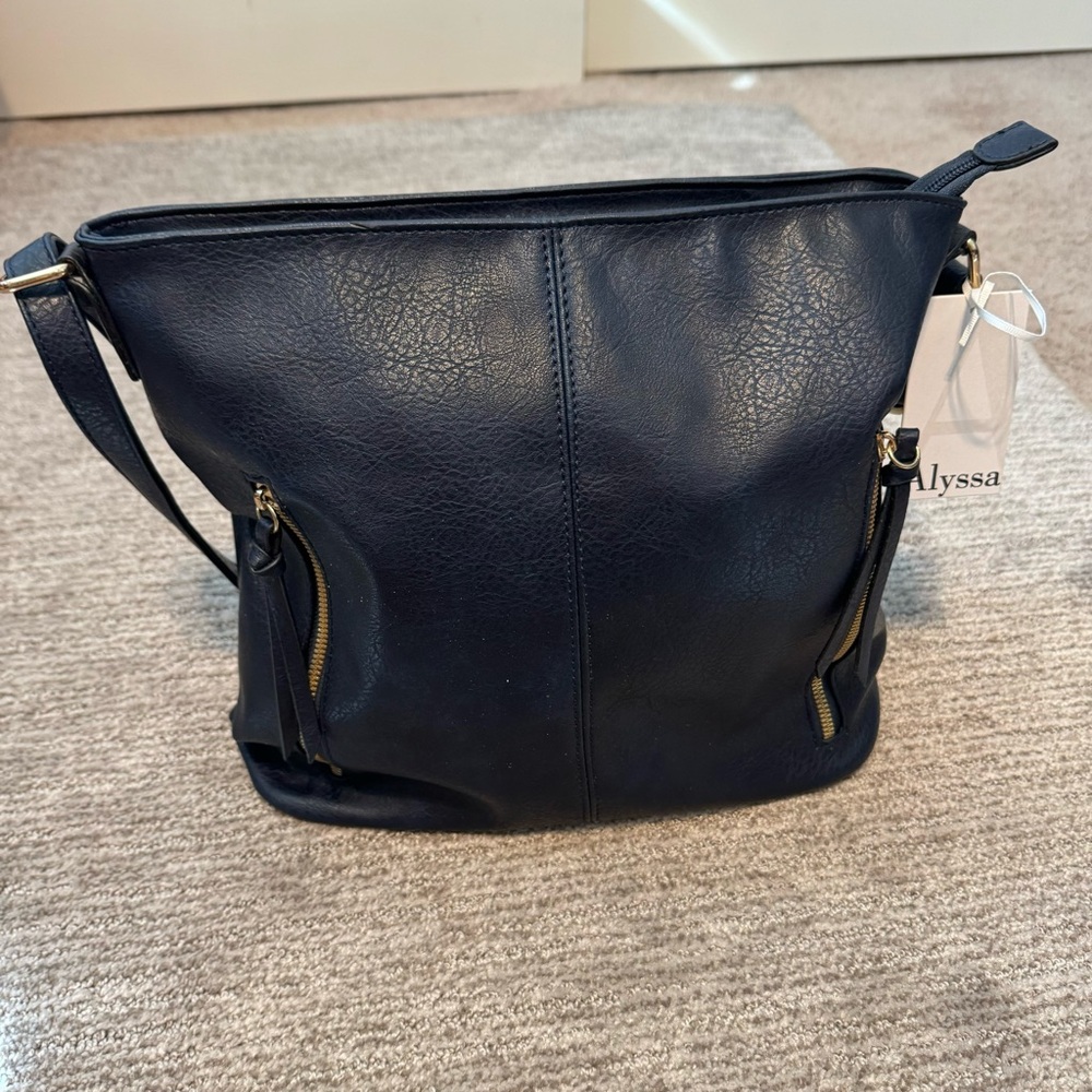 Alyssa Navy Blue Vegan Leather Shoulder Handbag with Inner Leopard Print Design
